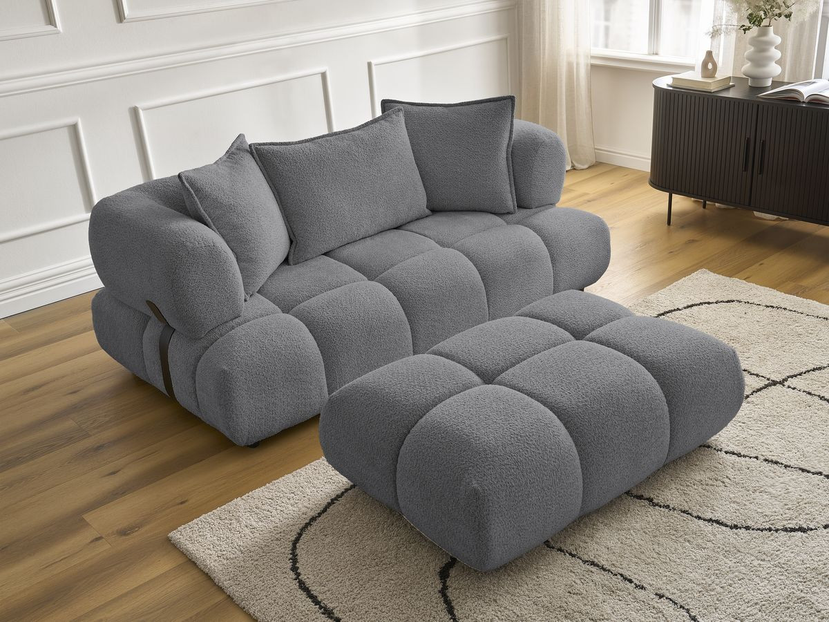 Bobochic Alya Sofa 2-Sitzer mit Pouf Bouclé-Stoff Dunkelgrau