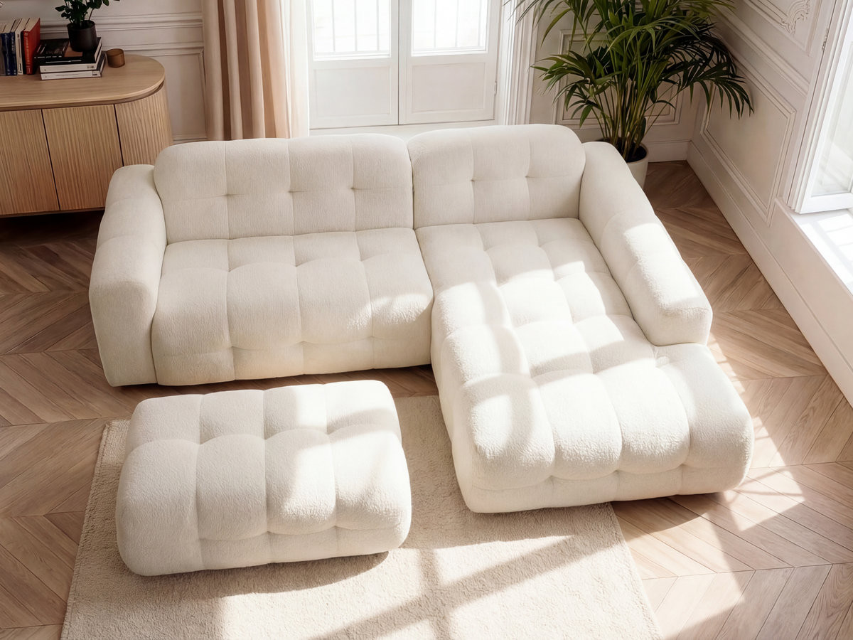 Bobochic Laura Ecksofa mit großem Pouf Melange-Stoff Beige Ecke rechts