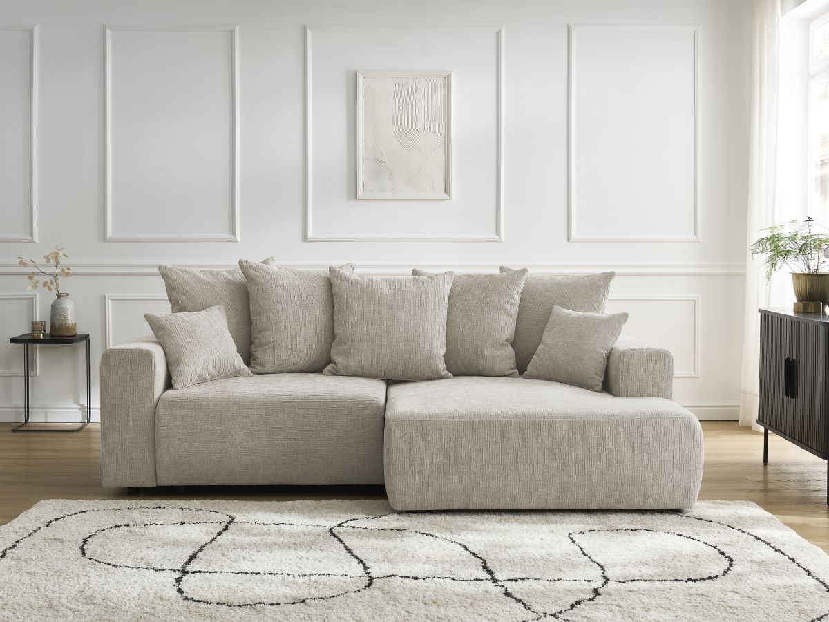 Bobochic Atilla Ecksofa mit Schlaffunktion und Bettkasten Strukturstoff Beige Ecke rechts