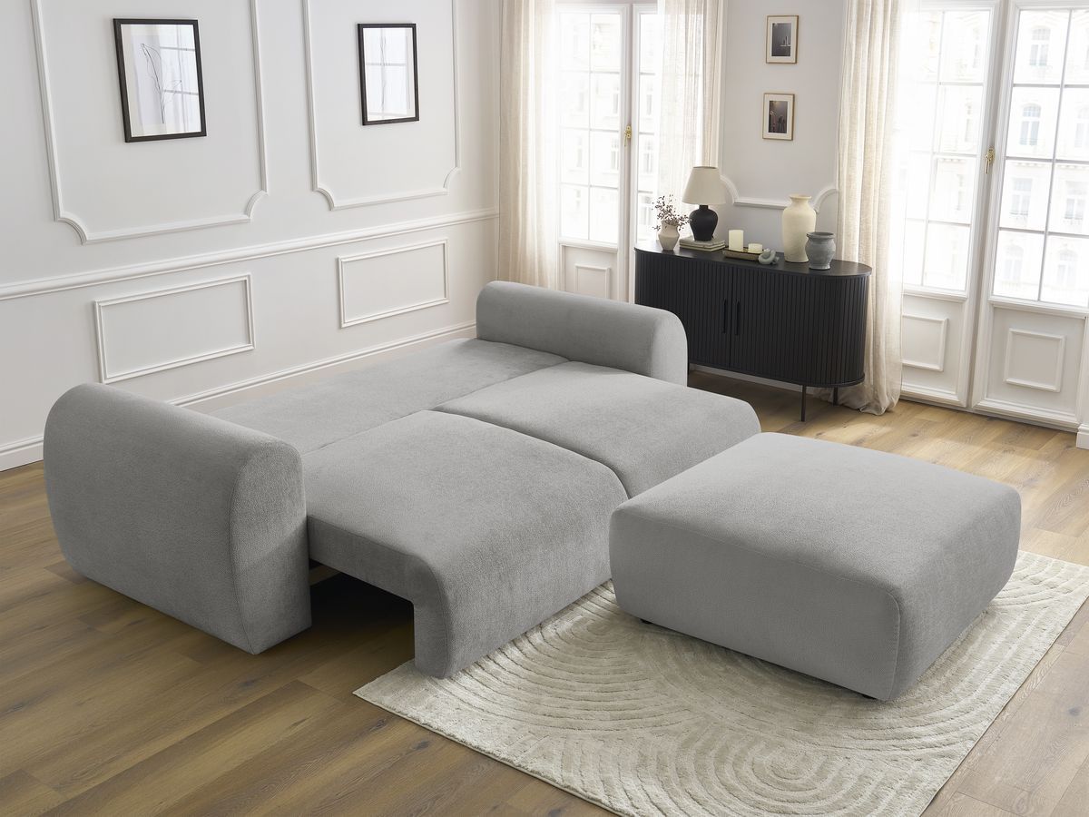 Bobochic Lucien Schlafsofa 4-Sitzer mit Bettkasten und Pouf Stoff Hellgrau