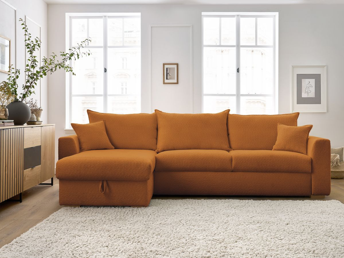 Bobochic Augustin Ecksofa mit Schlaffunktion und Bettkasten Bouclé-Stoff Gelb, Liegefläche 140 × 200 cm