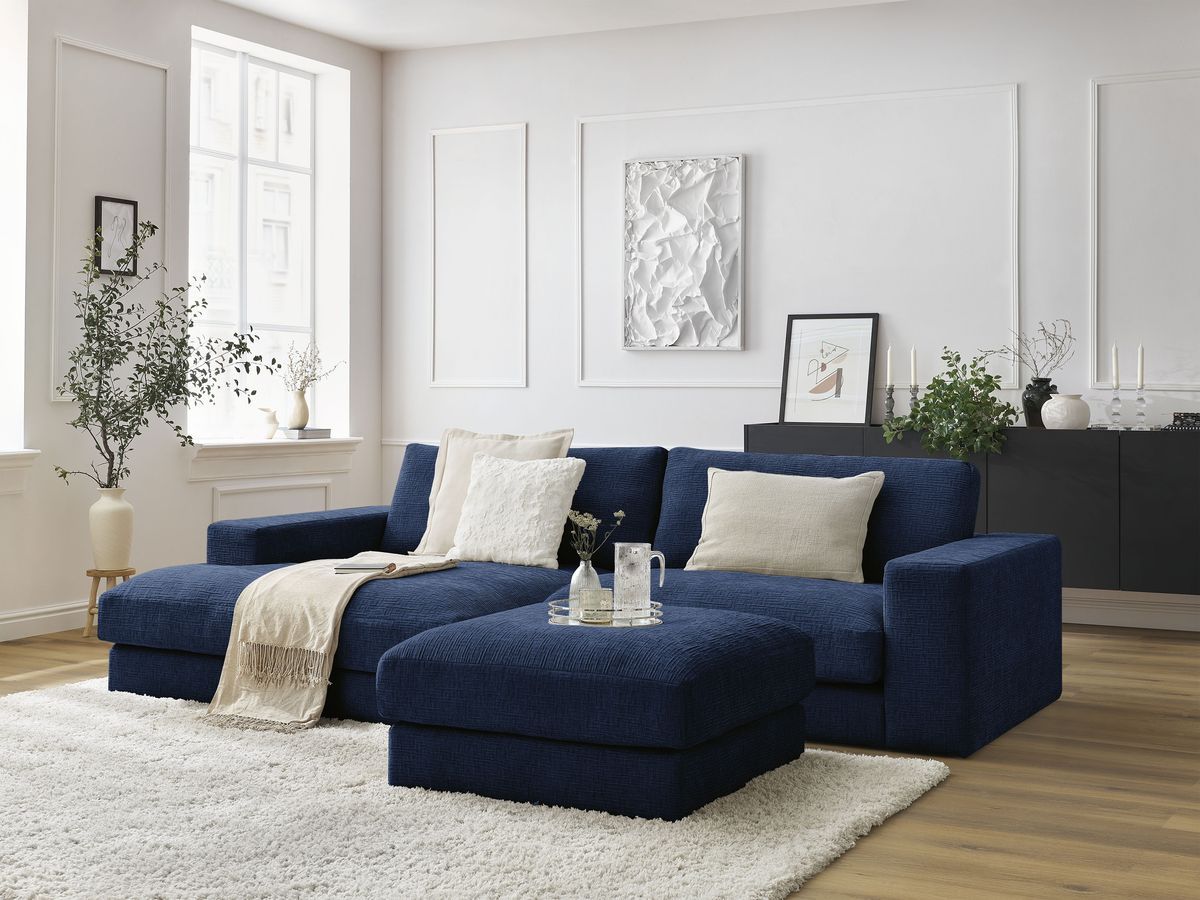 Bobochic Leonard Ecksofa mit Pouf 274 × 159 cm Strukturstoff Dunkelblau Ecke links