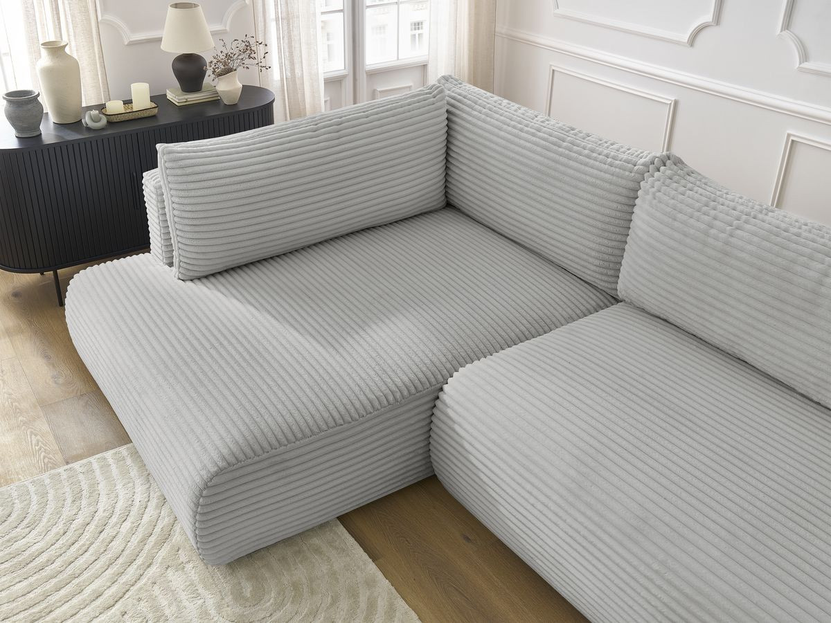 Bobochic Lucien Ecksofa mit Schlaffunktion und Bettkasten 296 × 198 cm Breitcord weich Hellgrau Ecke links