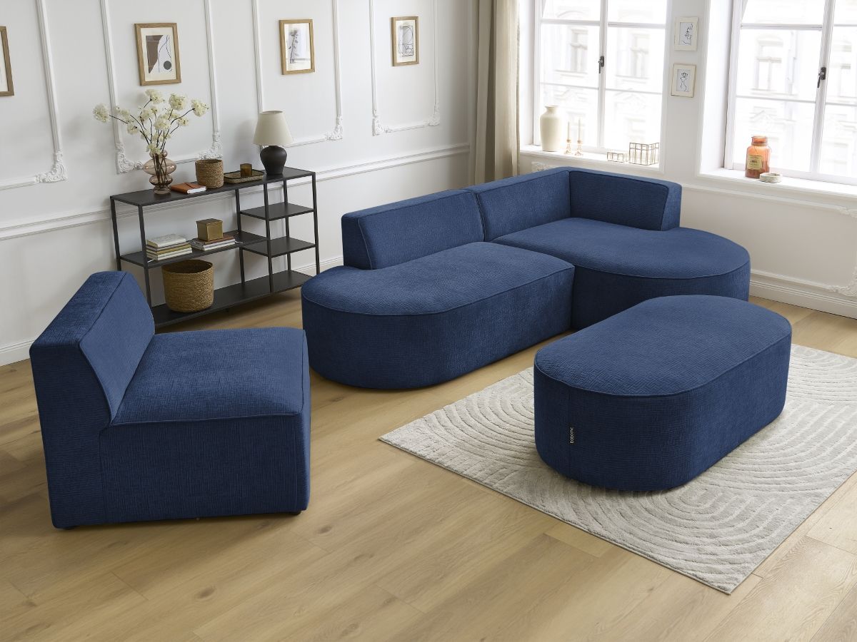 Bobochic Rousseau Ecksofa mit Sofamodul und Pouf Strukturstoff Dunkelblau Ecke rechts
