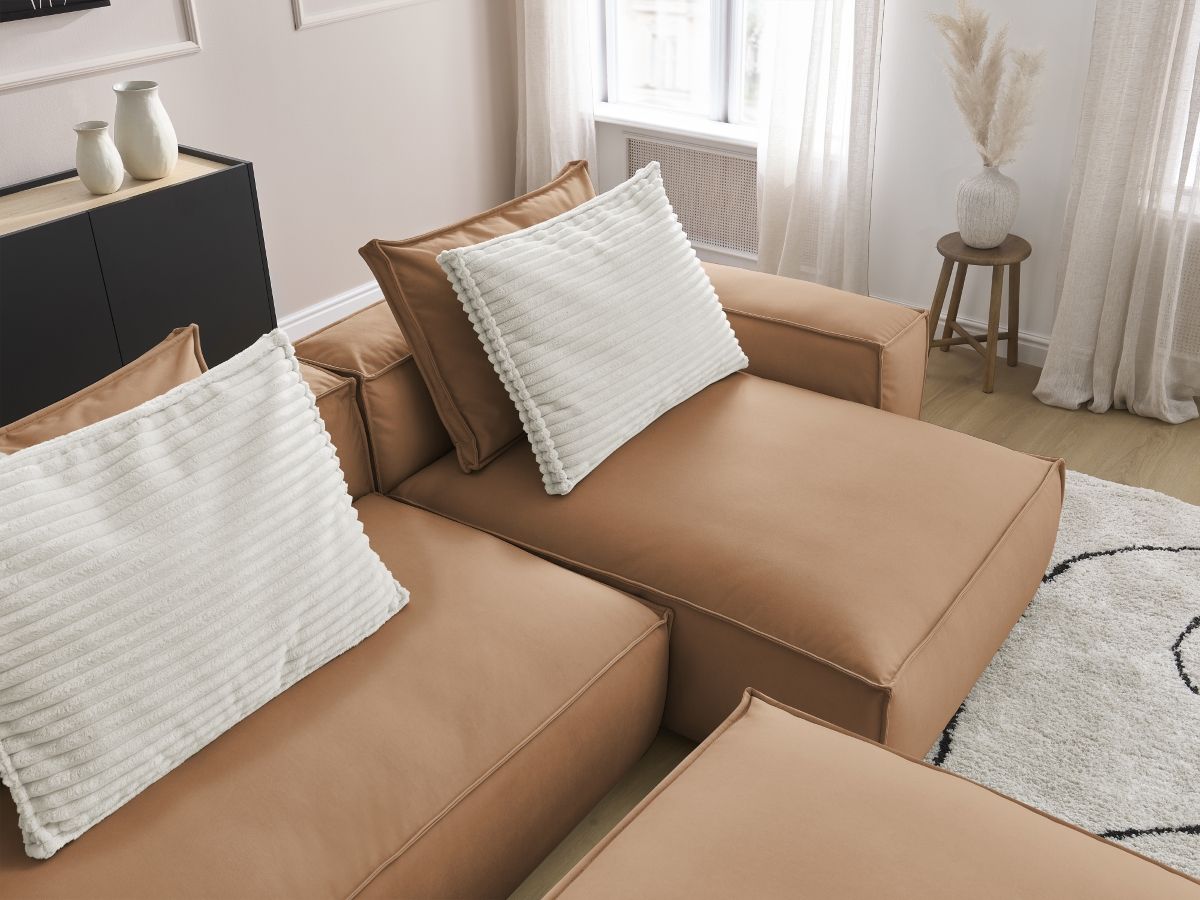 Bobochic Boheme Ecksofa mit Pouf Kunstleder Hellbraun