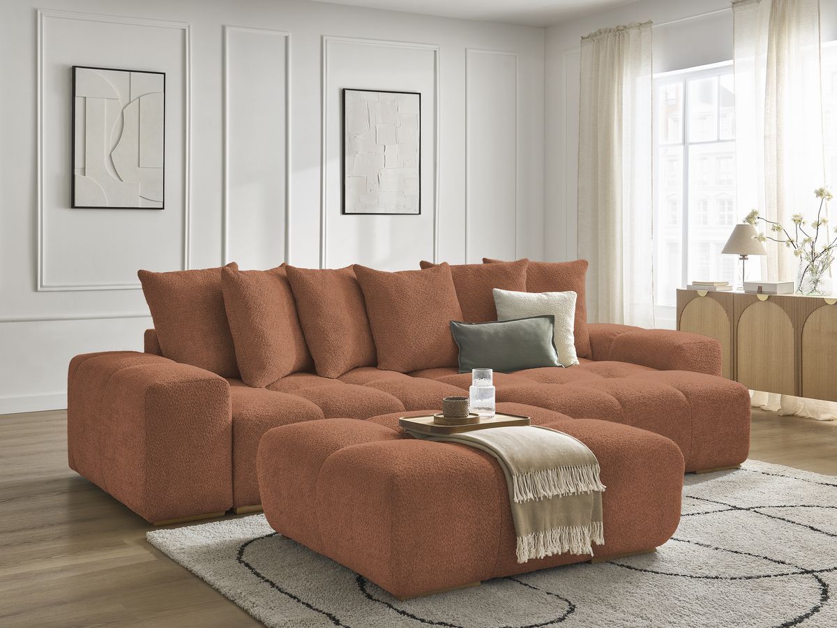 Bobochic Anakin Ecksofa mit Pouf, 6 Kissen Bouclé-Stoff Orange