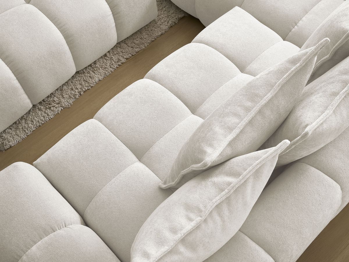 Bobochic Everest Ecksofa mit Schlaffunktion und Bettkasten und Pouf 320 × 212 cm, 10 Kissen Strukturstoff Weiß Ecke links