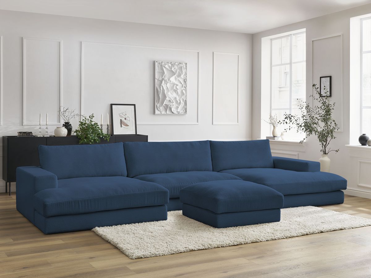 Bobochic Leonard Wohnlandschaft mit Pouf 349 × 159 cm Cordsamt Dunkelblau