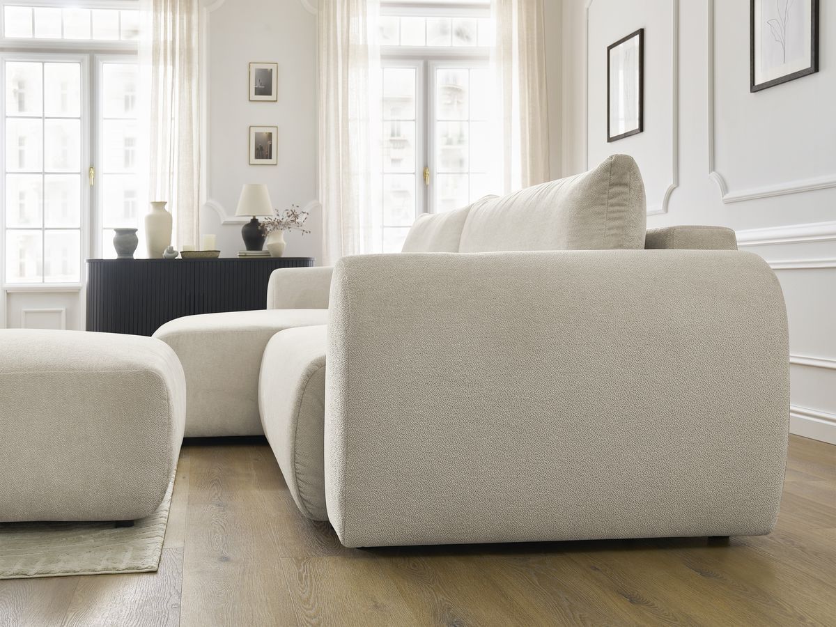Bobochic Lucien Ecksofa mit Schlaffunktion und Bettkasten und Pouf 314 × 167 cm Stoff Beige Ecke links