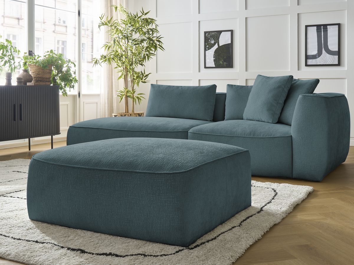 Bobochic Leopold Sofa 4-Sitzer mit Pouf Strukturstoff Dunkelblau Armlehne rechts