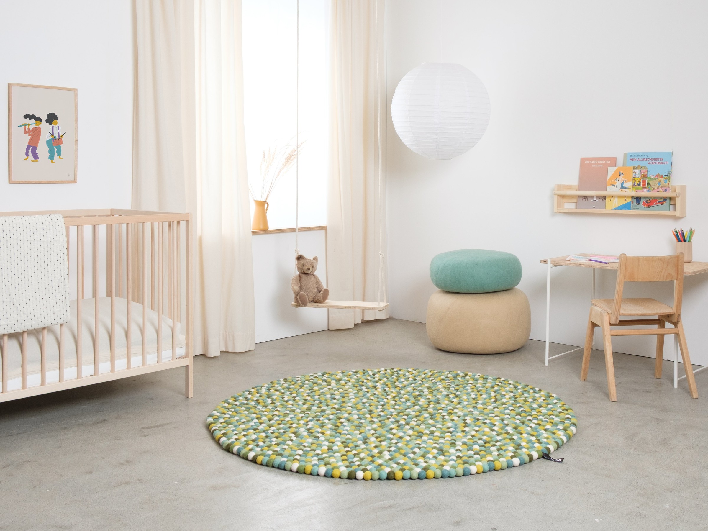 myfelt Finn Filzkugelteppich Grün-Türkis-Weiß rund Ø 50 cm