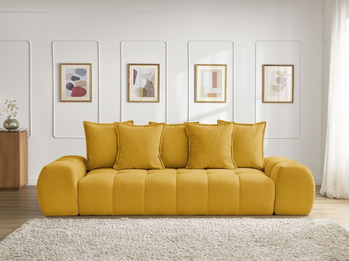Bobochic Everest Schlafsofa 3-Sitzer mit Bettkasten, 5 Kissen Strukturstoff Gelb
