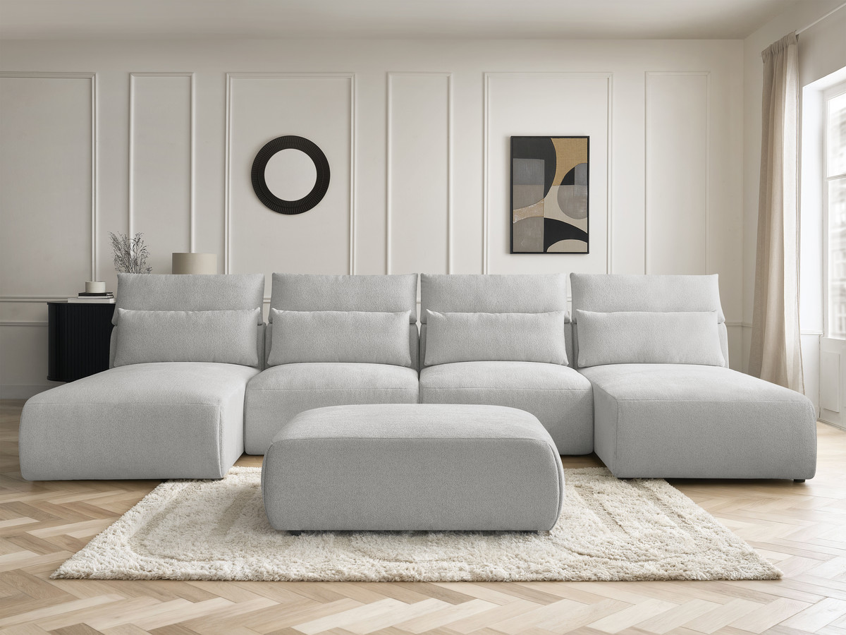 Bobochic Jana Wohnlandschaft mit großem Pouf Melange-Stoff Hellgrau
