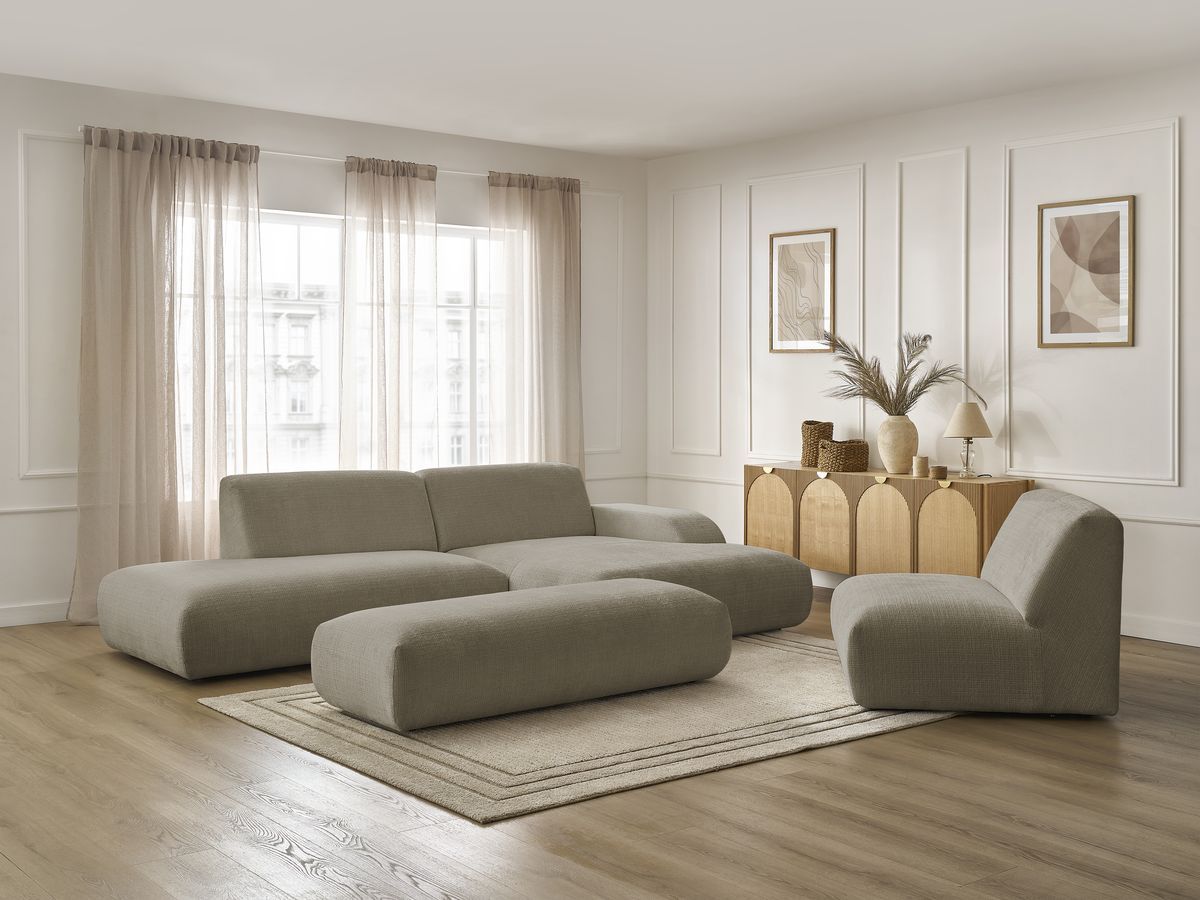 Bobochic Sirius Ecksofa mit Pouf 405 × 170 cm Strukturstoff Taupe Ecke rechts