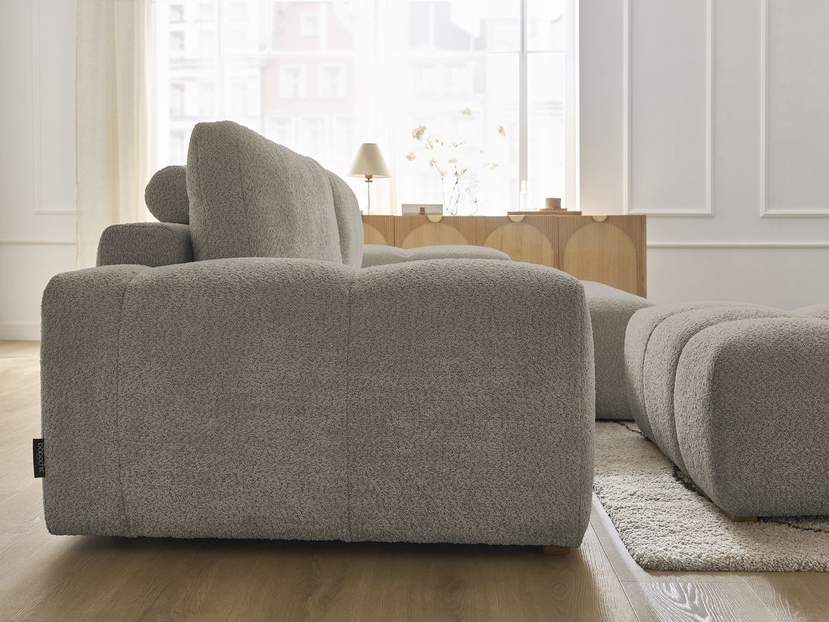 Bobochic Anakin Ecksofa mit Schlaffunktion und Bettkasten und Pouf, 2 Kissen Bouclé-Stoff Taupe
