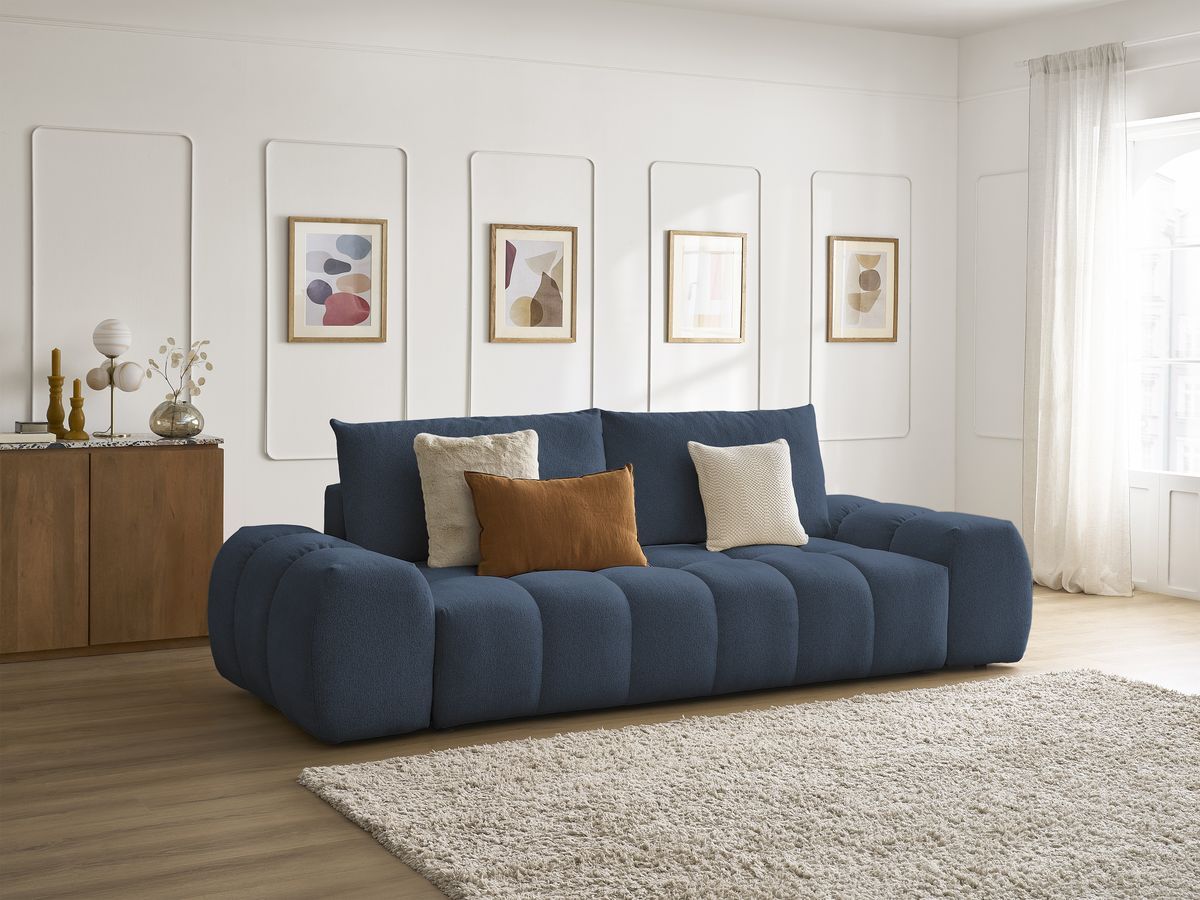 Bobochic Everest Schlafsofa 3-Sitzer mit Bettkasten, 2 Kissen Melange-Stoff Dunkelblau