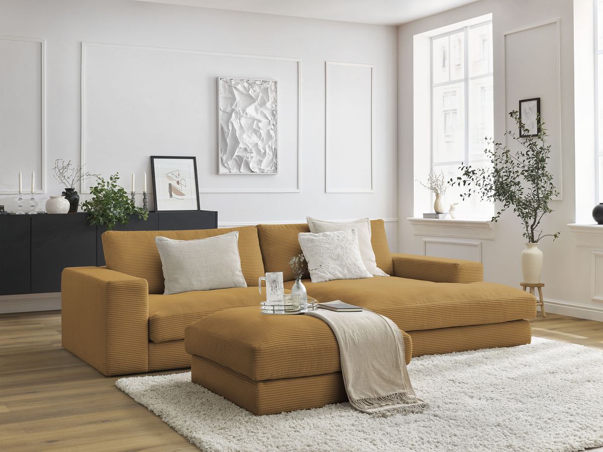 Bobochic Leonard Ecksofa mit Pouf 274 × 159 cm Cordsamt Gelb Ecke rechts