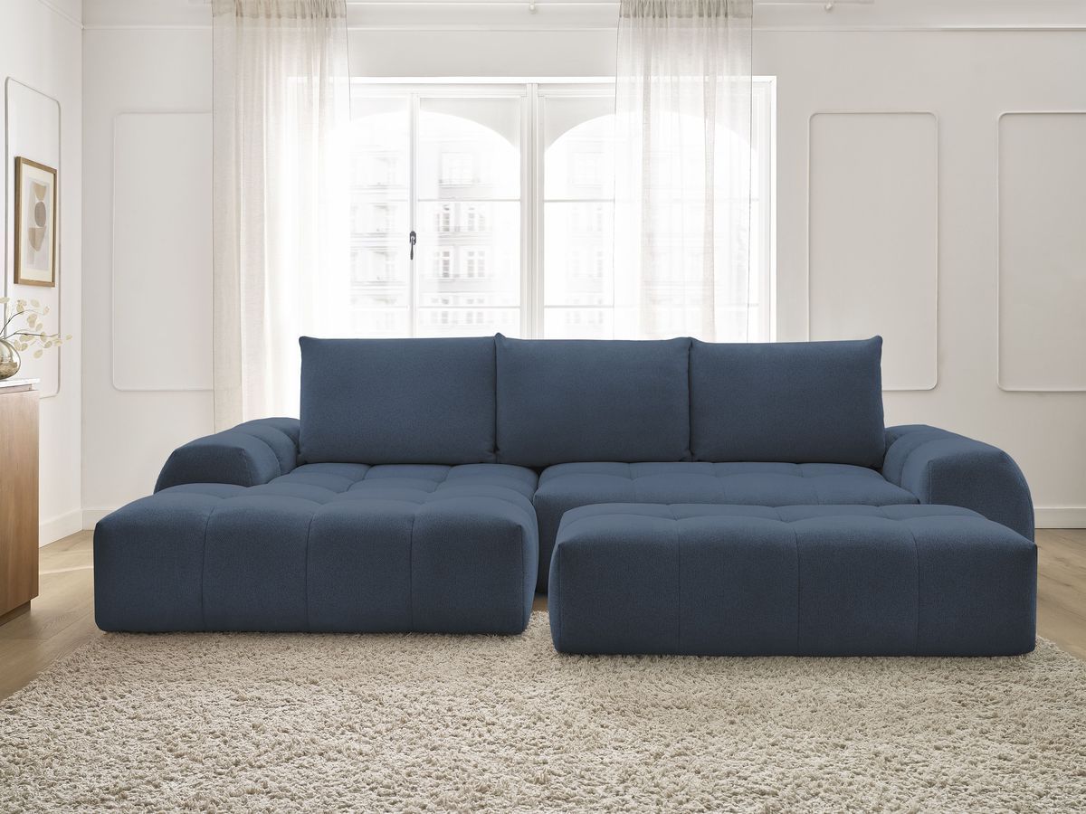 Bobochic Everest Ecksofa mit Schlaffunktion und Bettkasten und Pouf 318 × 180 cm, 3 Kissen Melange-Stoff Dunkelblau Ecke links