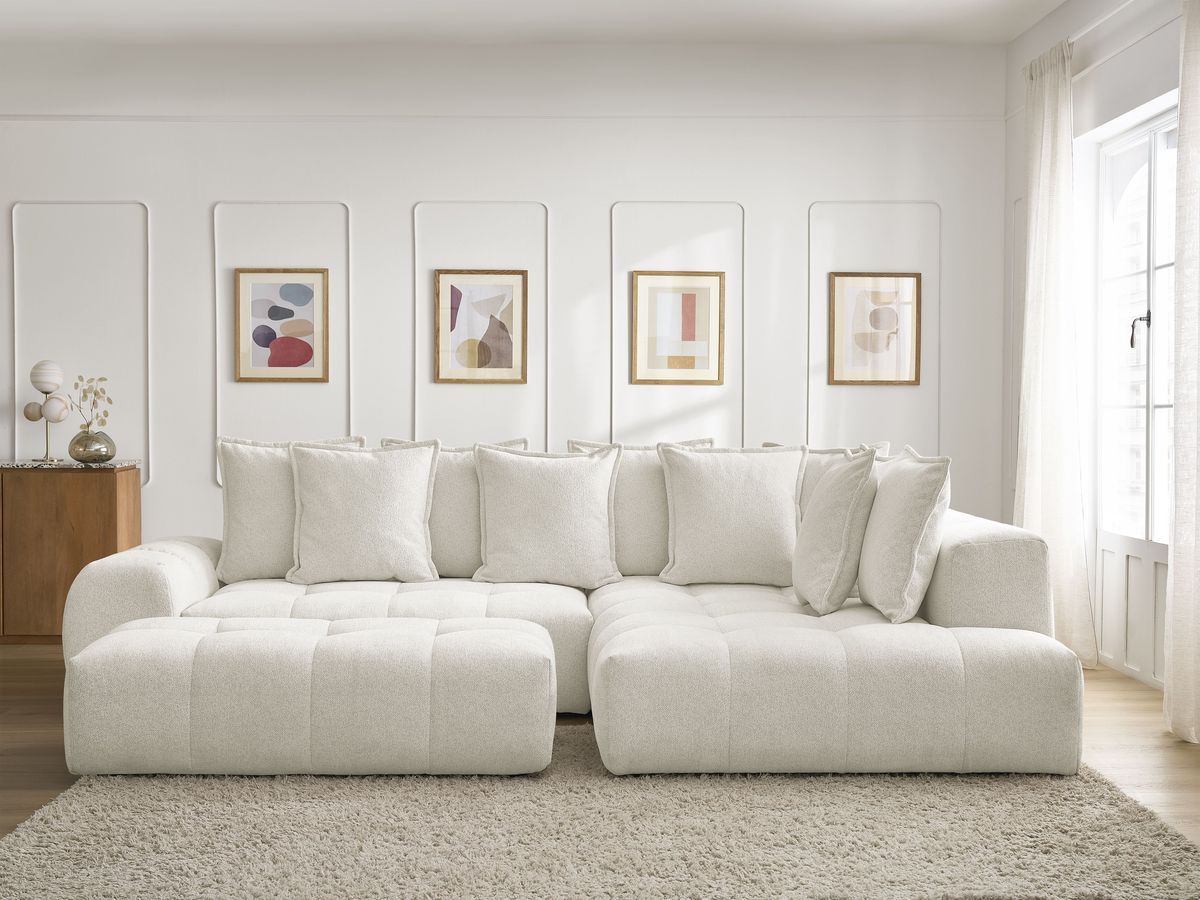 Bobochic Everest Ecksofa mit Schlaffunktion und Bettkasten und Pouf 320 × 212 cm, 10 Kissen Melange-Stoff Weiß Ecke rechts