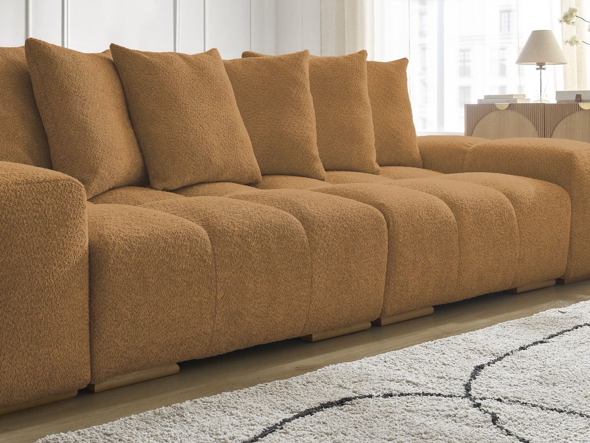 Bobochic Anakin Schlafsofa 3-Sitzer mit Bettkasten und Pouf, 6 Kissen Bouclé-Stoff Gelb