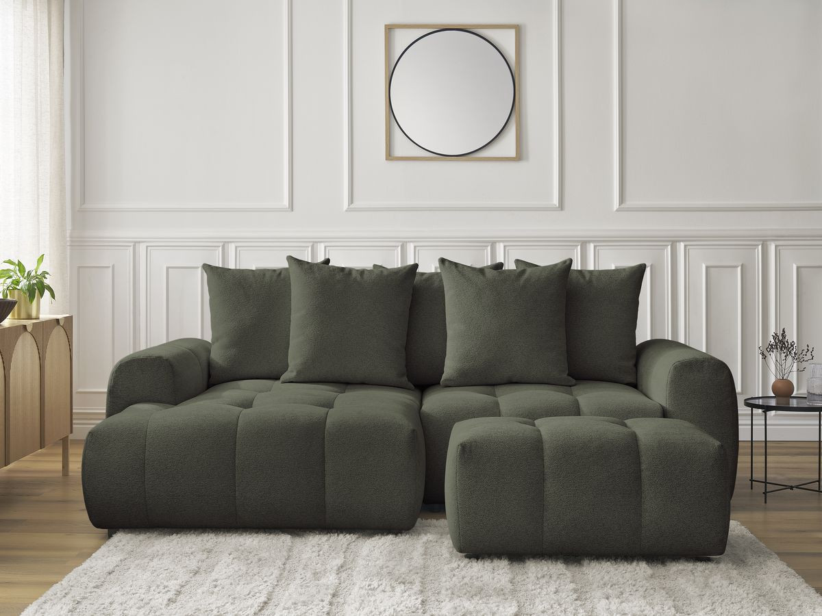 Bobochic Roxelane Ecksofa mit Schlaffunktion und Bettkasten und Pouf 258 × 150 cm Melange-Stoff Grün Ecke links