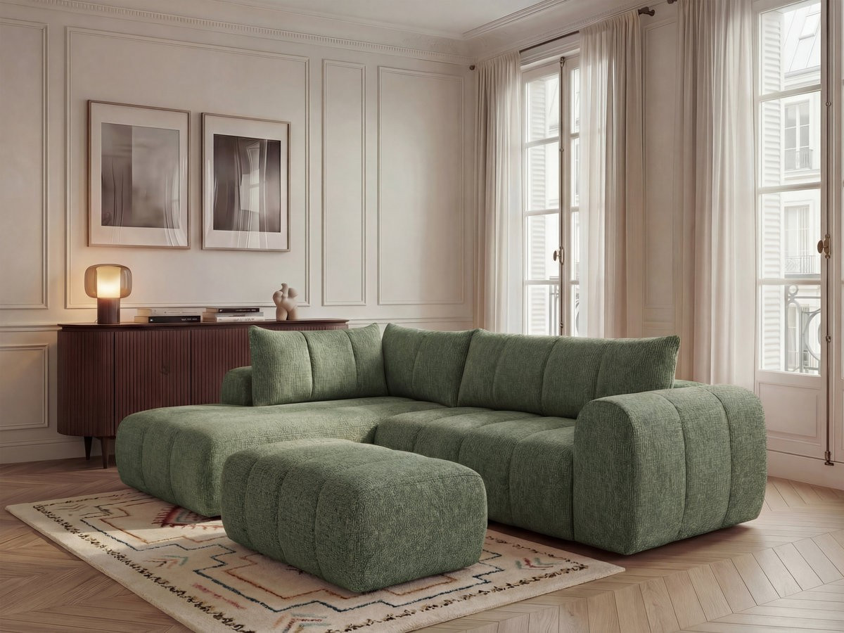 Bobochic Nesty Ecksofa in L-Form, 256 cm, mit Pouf Melange-Stoff Hellgrün Ecke links
