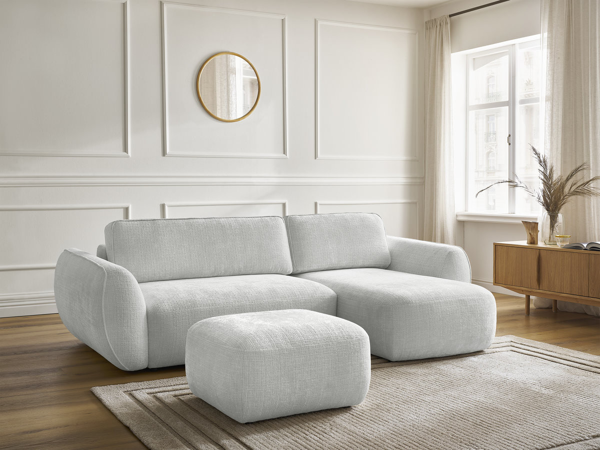 Bobochic Denise Ecksofa mit Schlaffunktion und Bettkasten und Pouf 258 × 160 cm Strukturstoff Hellgrau Ecke rechts