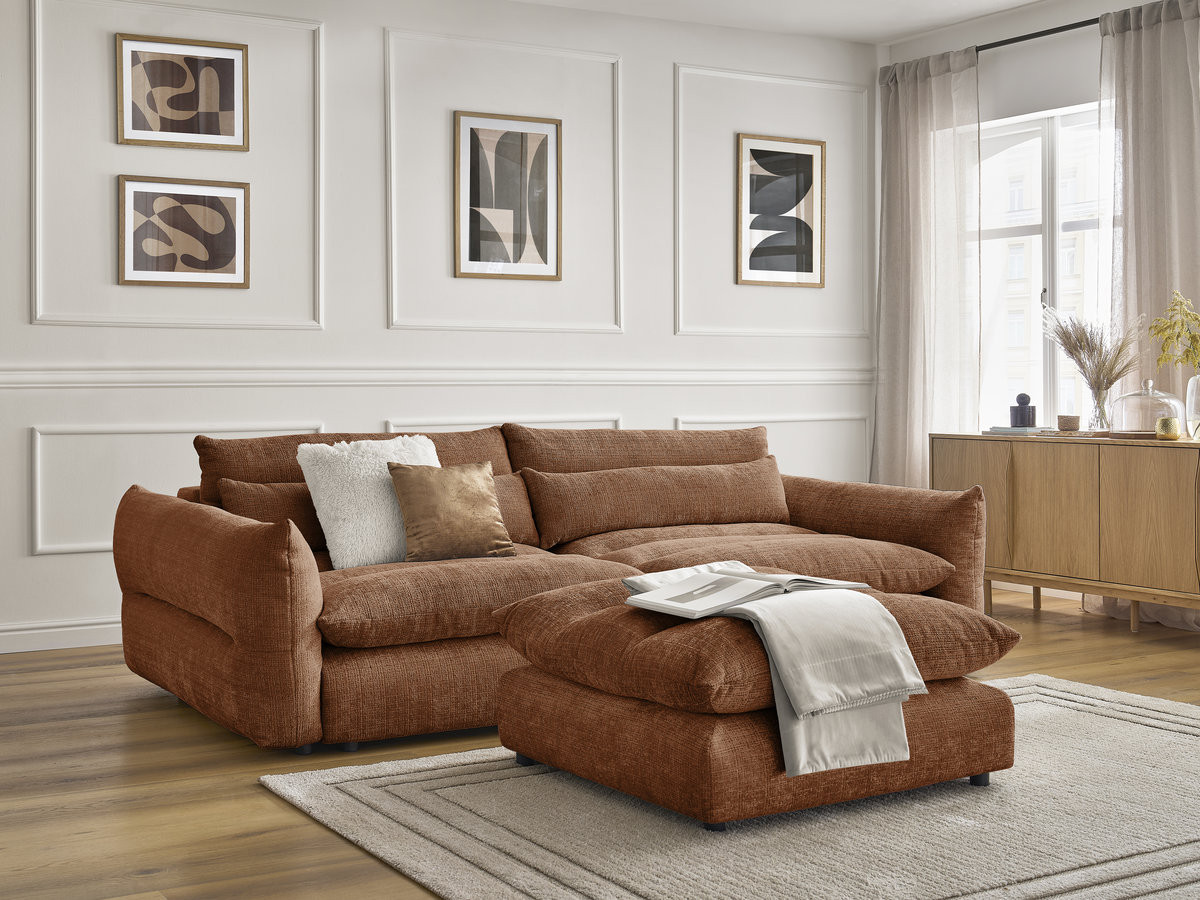 Bobochic Neil Sofa 3-Sitzer mit Pouf Strukturstoff Orange