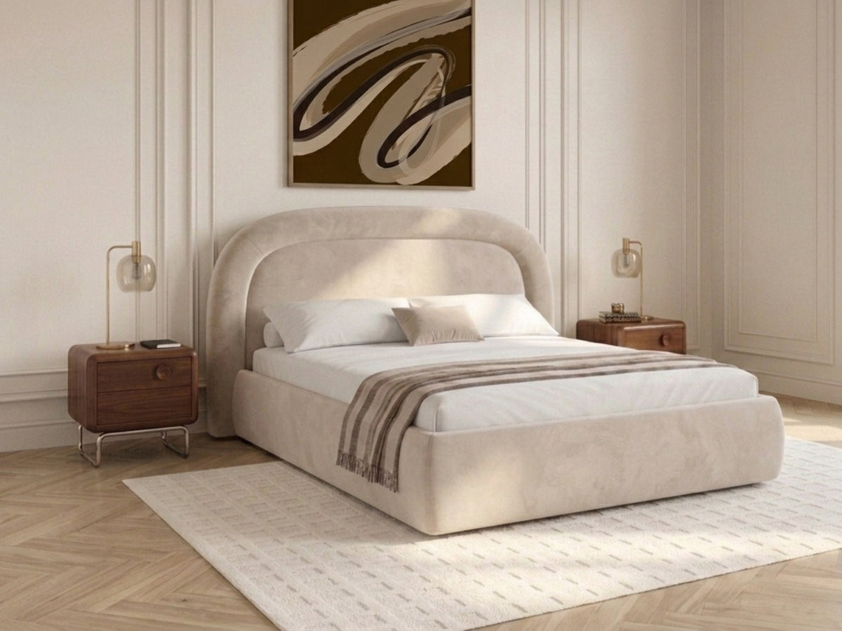 Bobochic Simone Polsterbett mit Bettkasten Samt Beige, Liegefläche 140 × 190 cm