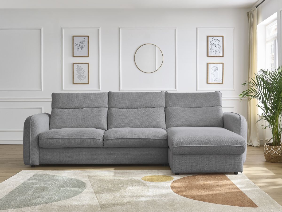 Bobochic Achille Ecksofa mit Schlaffunktion und Bettkasten Melange-Stoff Hellgrau, Liegefläche 160 × 200 cm