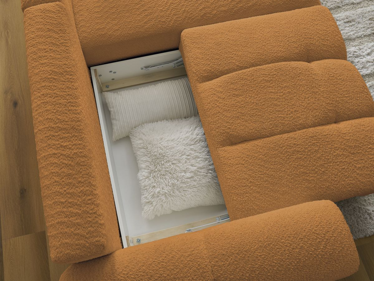 Bobochic Roxelane Ecksofa mit Schlaffunktion und Bettkasten und Pouf 258 × 150 cm Bouclé-Stoff Gelb Ecke rechts