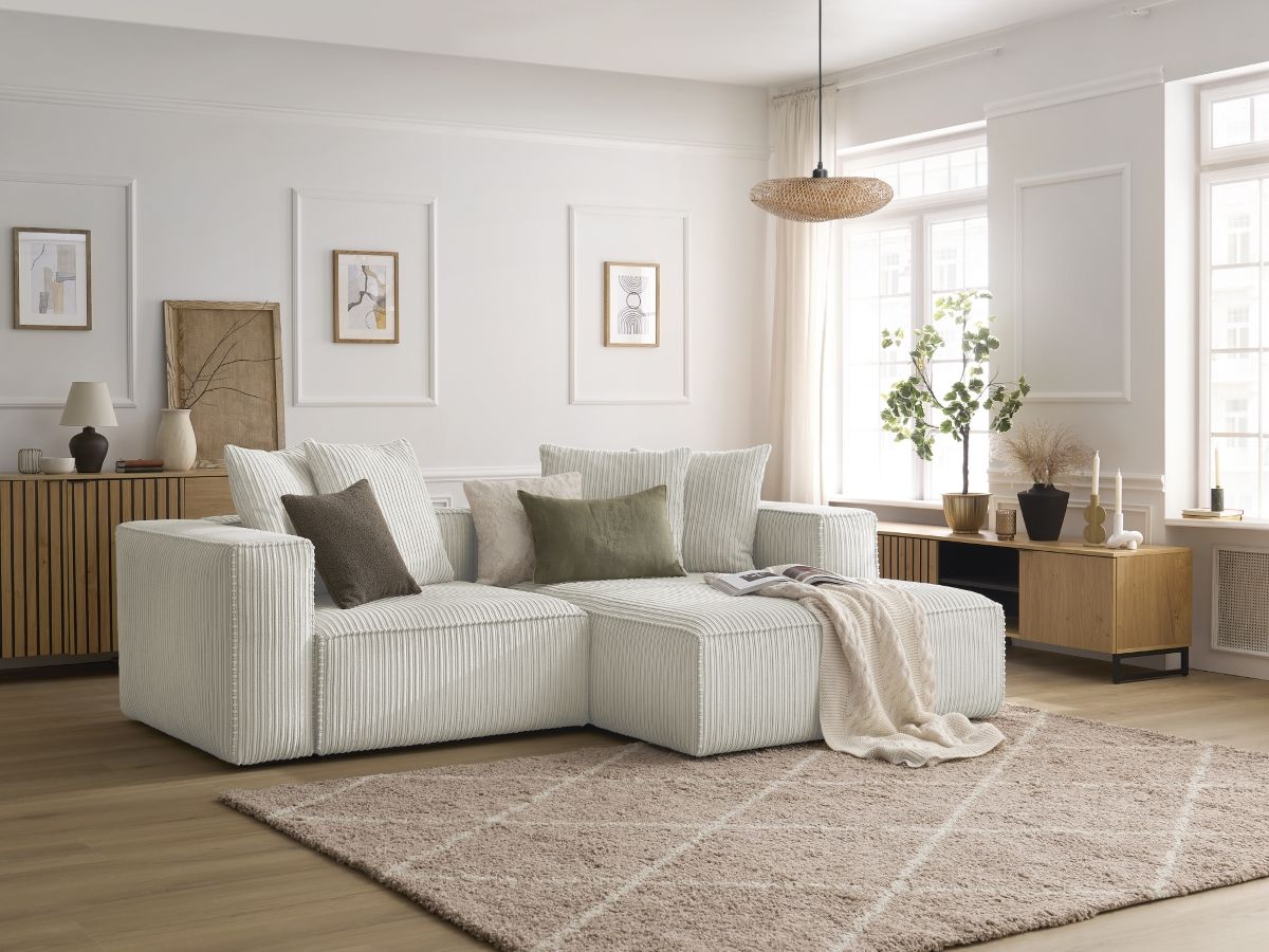 Bobochic Nina Ecksofa Cordsamt Hellgrau Ecke rechts