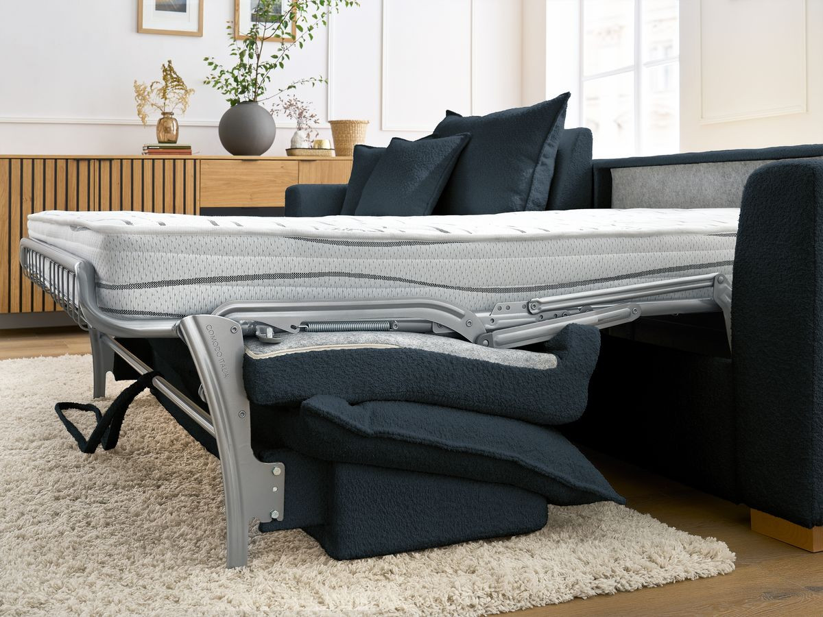 Bobochic Augustin Ecksofa mit Schlaffunktion und Bettkasten Bouclé-Stoff Dunkelblau, Liegefläche 140 × 200 cm