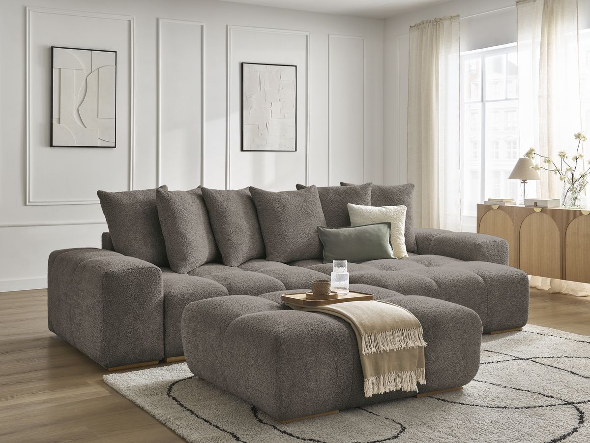 Bobochic Anakin Ecksofa mit Pouf, 6 Kissen Bouclé-Stoff Braun