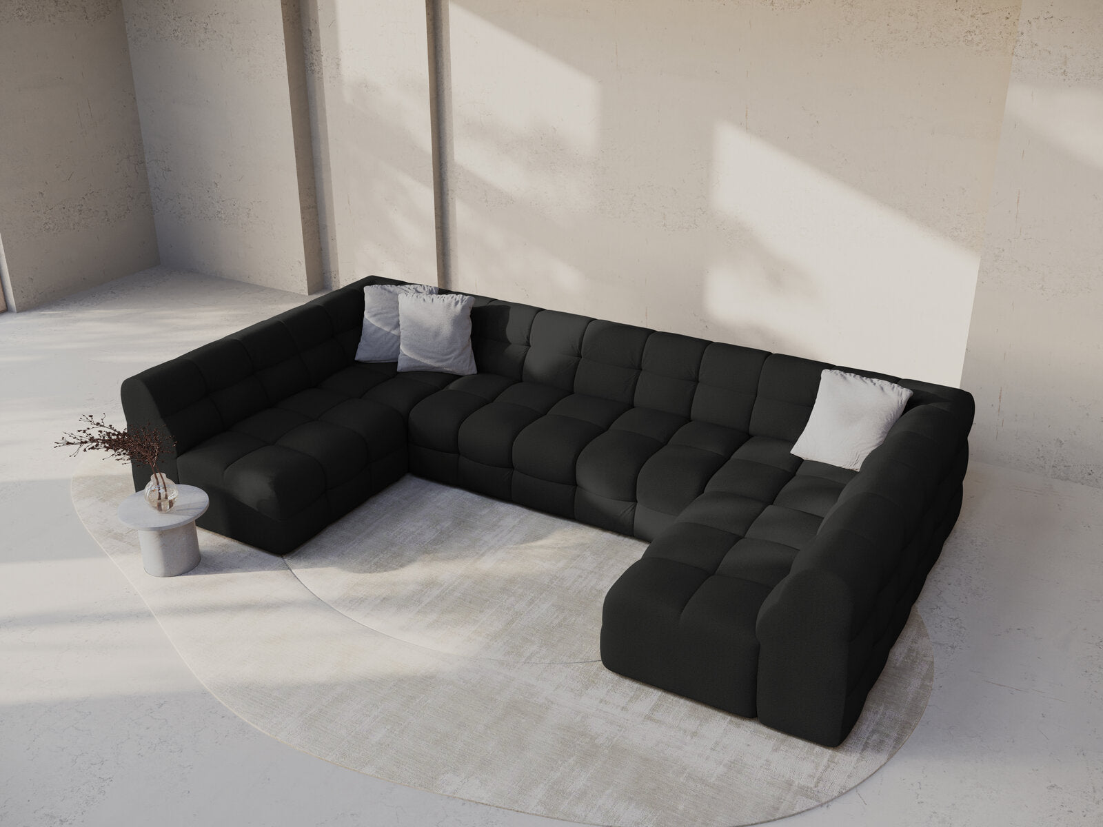 Micadoni Panorama-Sofa Kendal 7-Sitzer Strukturierter Stoff Schwarz