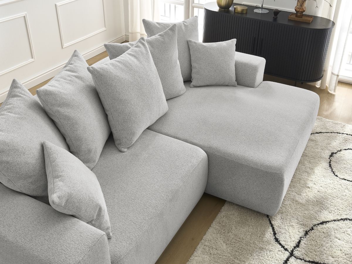 Bobochic Atilla Ecksofa mit Schlaffunktion und Bettkasten Melange-Stoff Hellgrau Ecke rechts