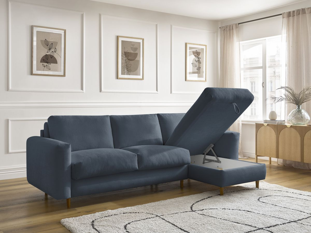Bobochic Cocoone Ecksofa mit Schlaffunktion und Bettkasten Stoff Dunkelblau, Liegefläche 160 × 200 cm