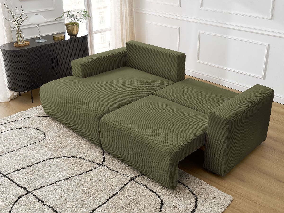 Bobochic Atilla Ecksofa mit Schlaffunktion und Bettkasten Cordsamt Hellgrün Ecke links