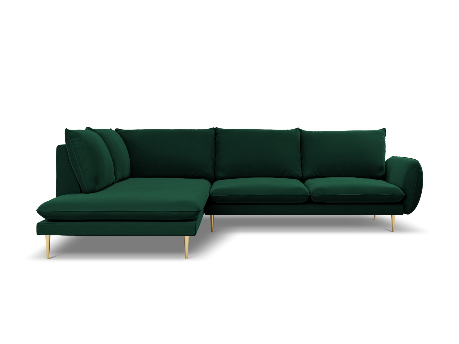 Cosmopolitan Design Ecksofa Vienna 6-Sitzer Samt Bluvel Flaschengrün Links Beine Gold