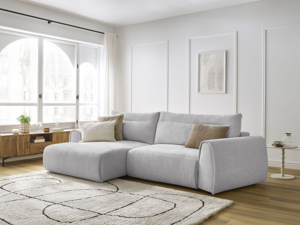 Bobochic Aden Ecksofa 293 × 152 cm Stoff Hellgrau Ecke links