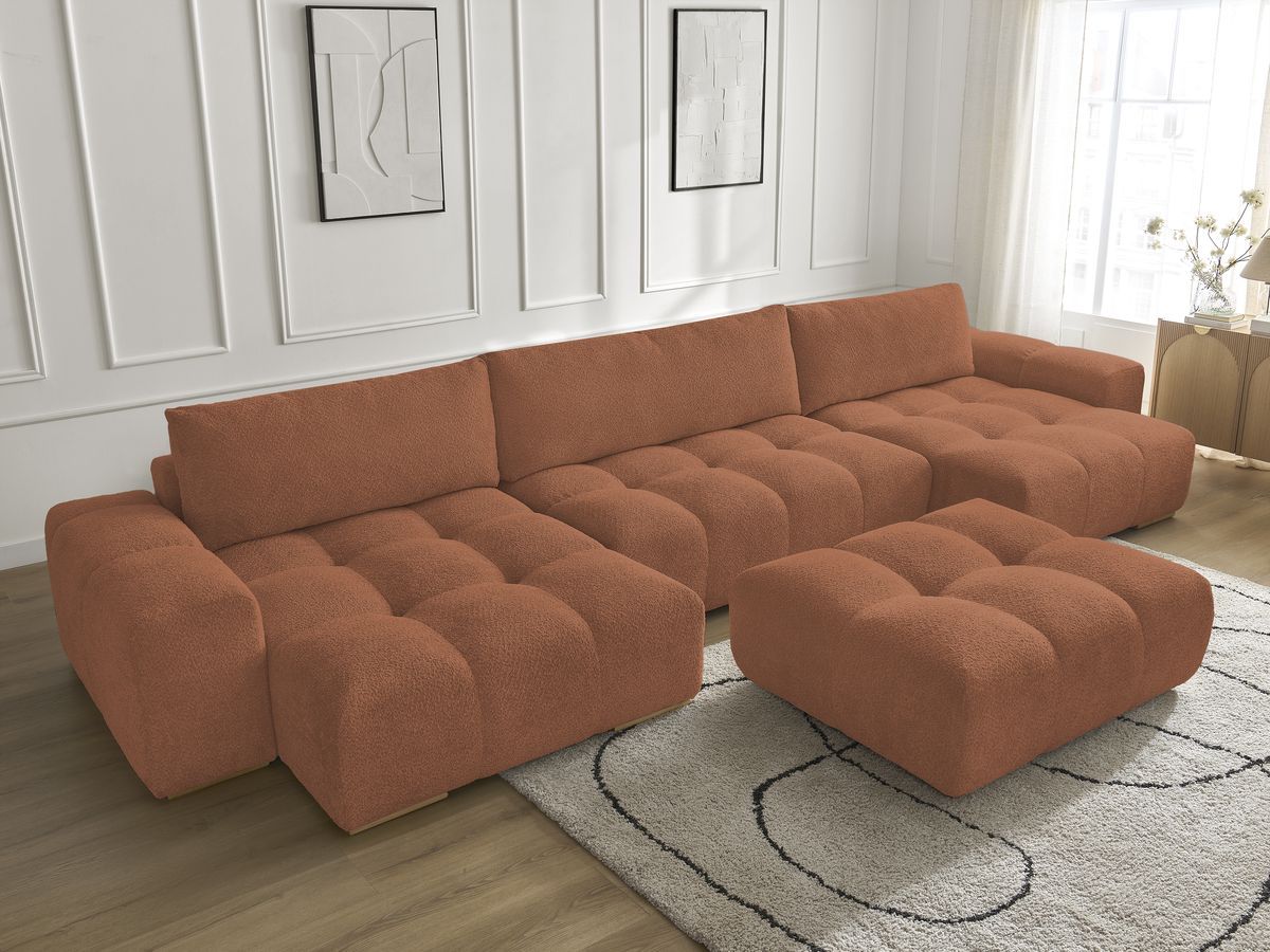 Bobochic Anakin Wohnlandschaft mit Pouf, 3 Kissen Bouclé-Stoff Orange