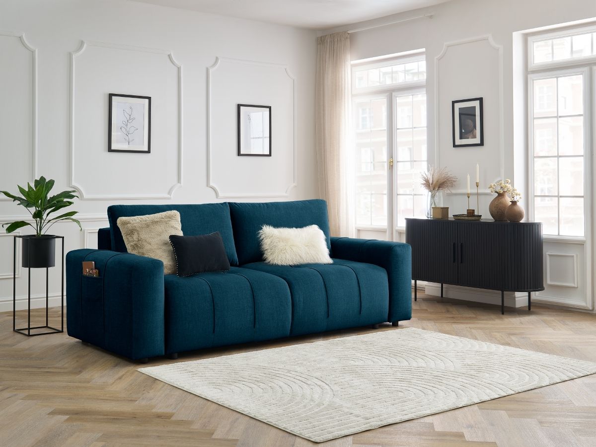 Bobochic Arsene Schlafsofa 3-Sitzer mit Bettkasten Samt Blau