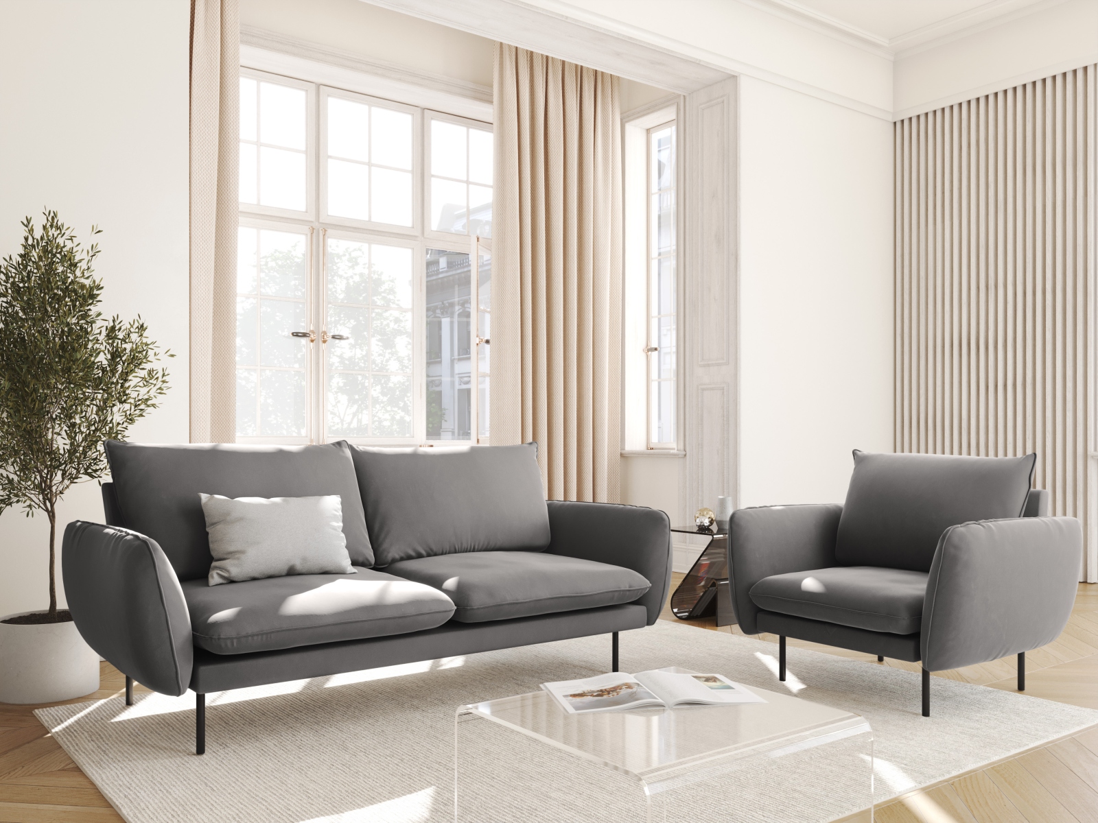 Cosmopolitan Design Sofa Vienna 2-Sitzer Samt Bluvel Hellgrau Beine Schwarzes Metall