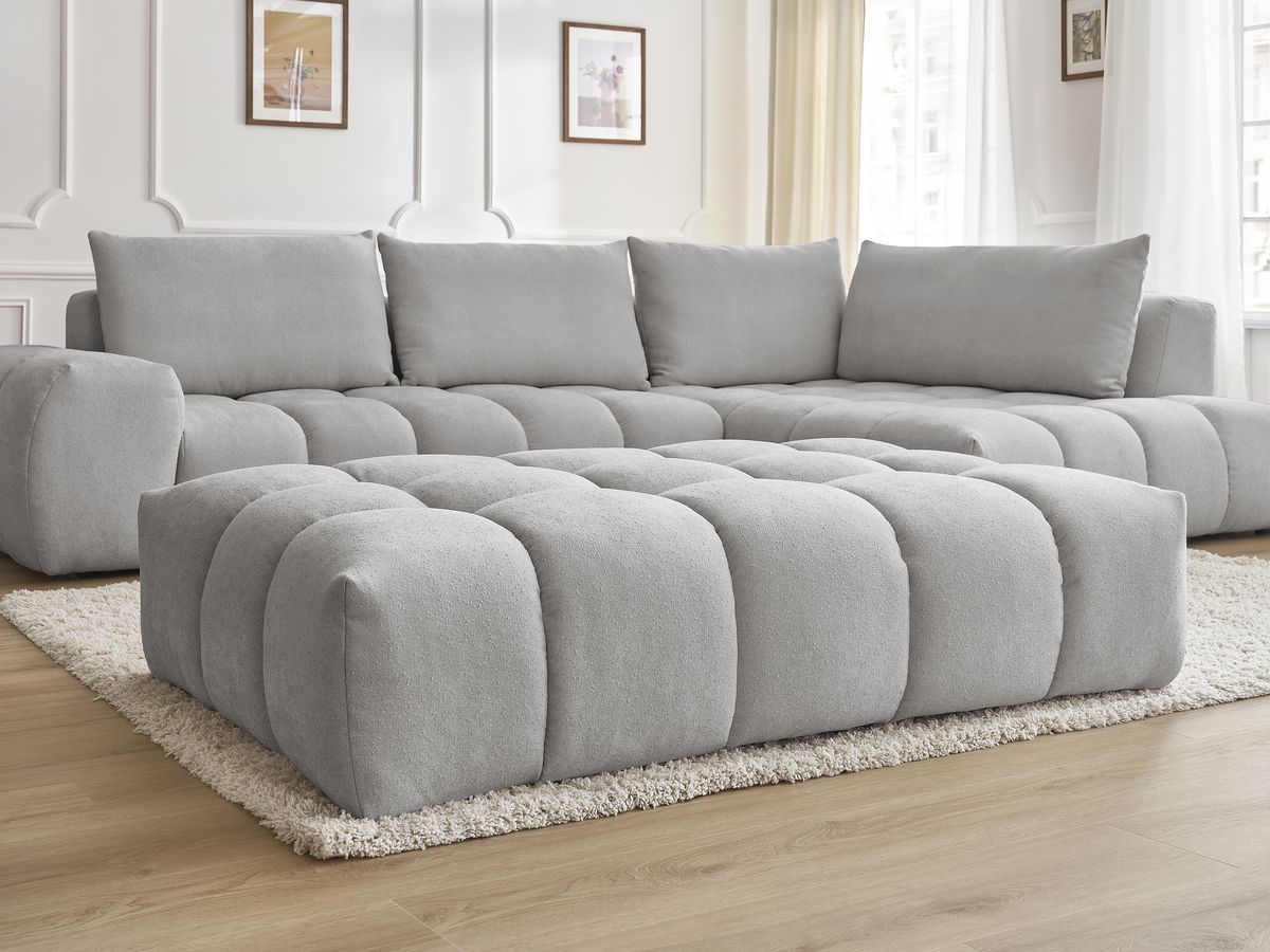 Bobochic Everest Ecksofa mit Schlaffunktion und Pouf, 4 Kissen Strukturstoff Hellgrau Ecke rechts