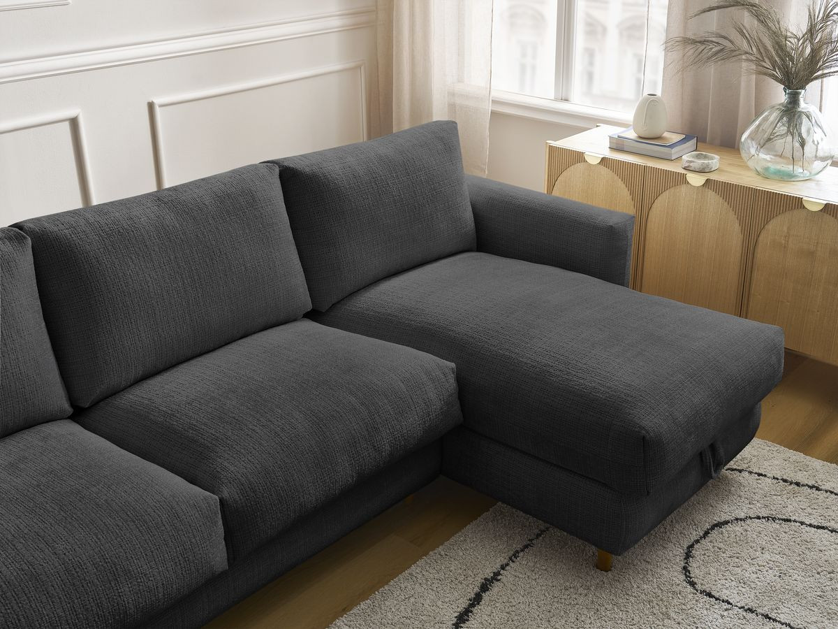 Bobochic Cocoone Ecksofa mit Schlaffunktion und Bettkasten Strukturstoff Schwarz, Liegefläche 140 × 200 cm
