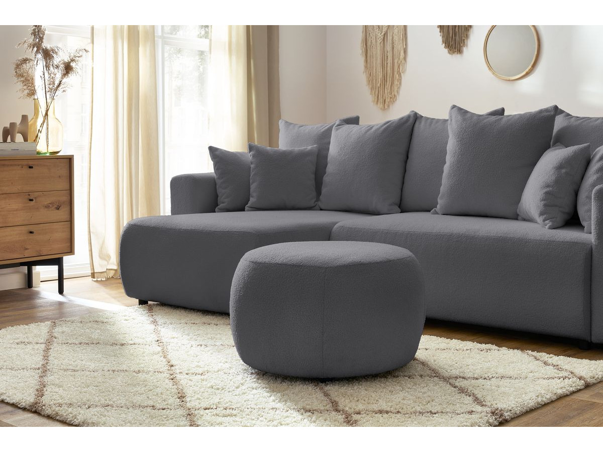 Bobochic Envy Ecksofa mit Schlaffunktion und Bettkasten und rundem Pouf Bouclé-Stoff Dunkelgrau