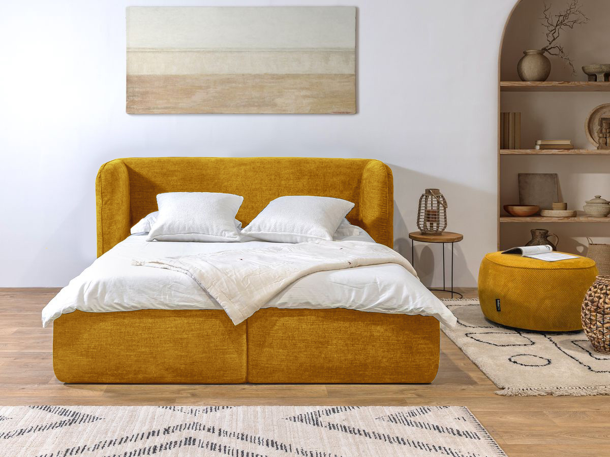 Bobochic Louise Polsterbett mit Bettkasten Stoff Gelb, Liegefläche 160 × 200 cm