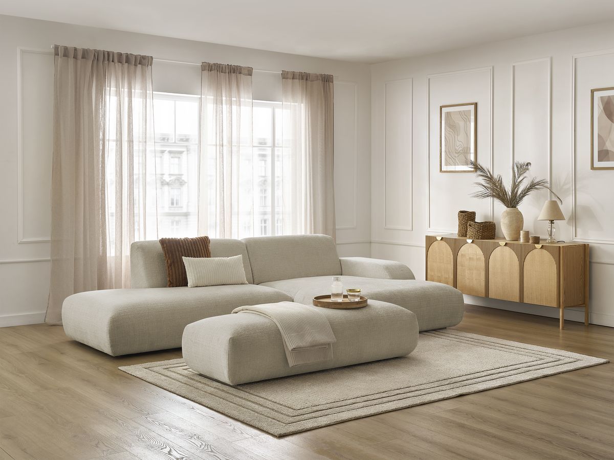 Bobochic Sirius Ecksofa mit Pouf 300 × 170 cm Strukturstoff Beige Ecke rechts