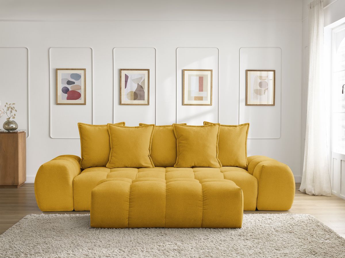 Bobochic Everest Sofa 3-Sitzer mit Pouf, 5 Kissen Strukturstoff Gelb