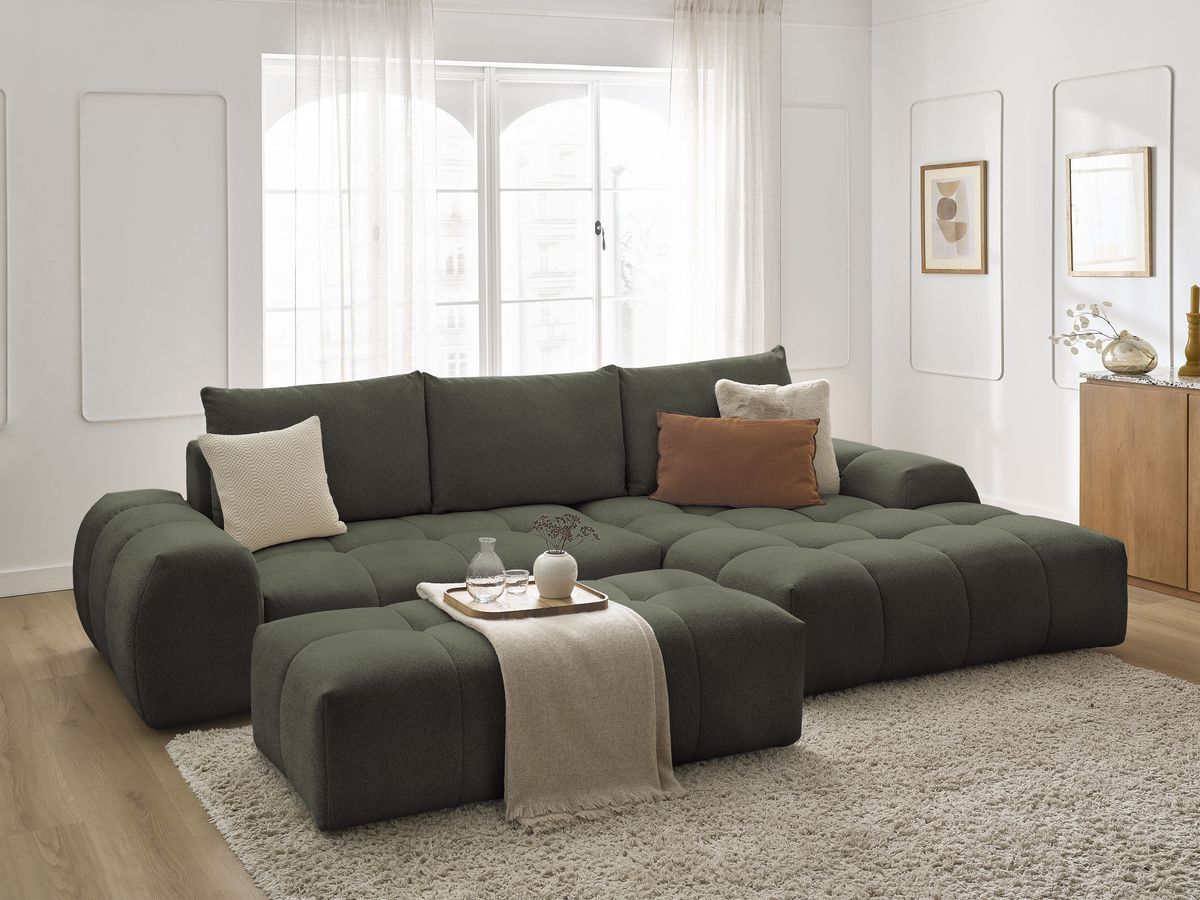 Bobochic Everest Ecksofa mit Schlaffunktion und Bettkasten und Pouf 318 × 180 cm, 3 Kissen Melange-Stoff Grün Ecke rechts
